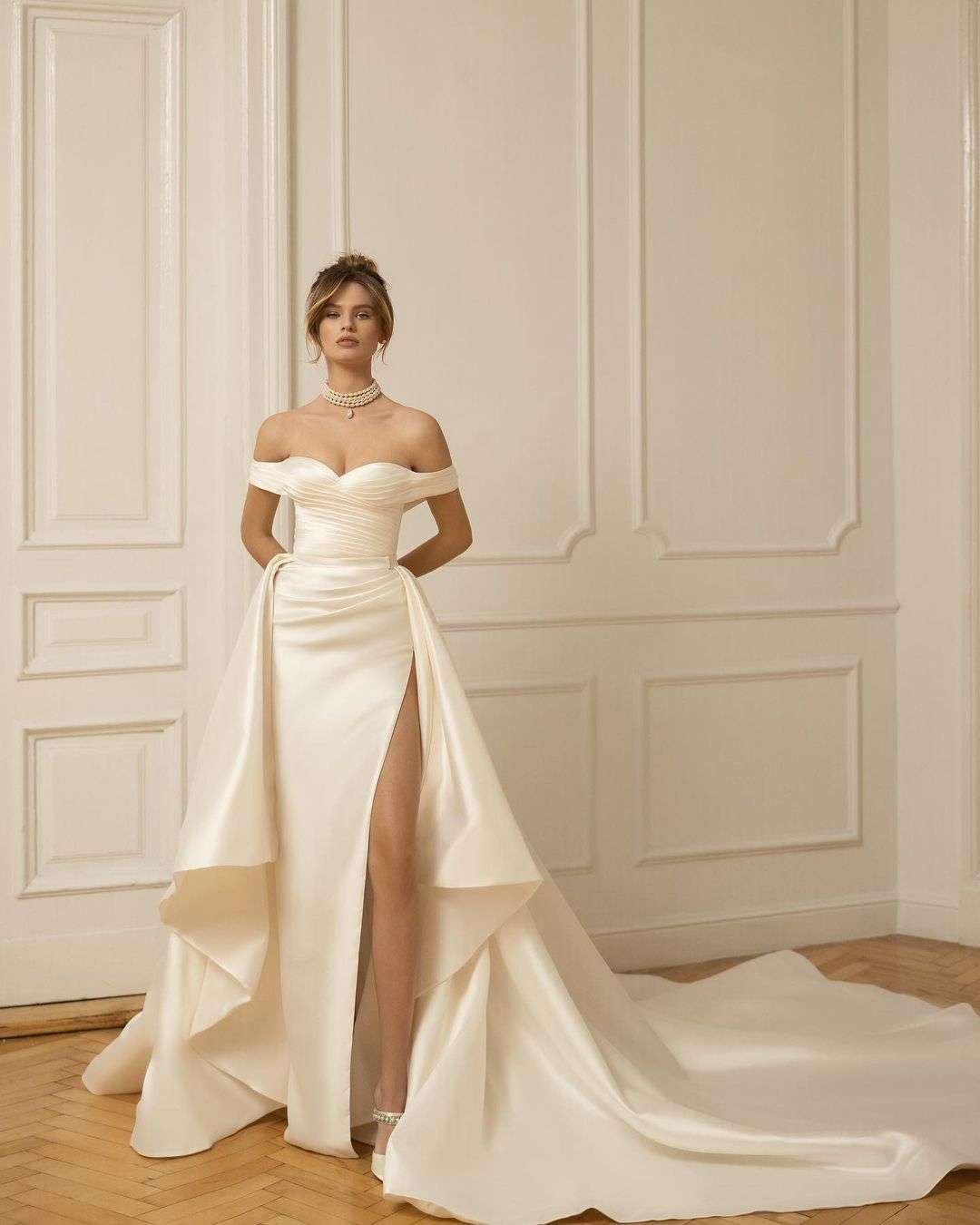 off the shoulder satin wedding gown with slits evalendel_Lea