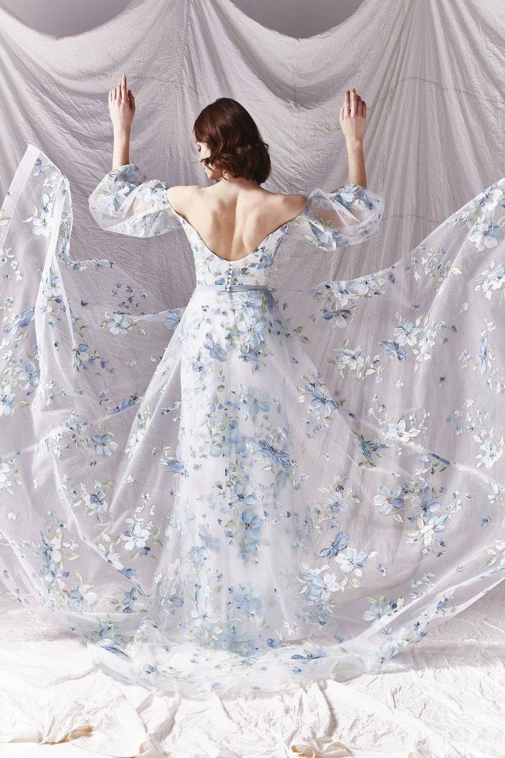 open back off the shoulder puff sleeves blue watercolor floral bridal dress savinlondon