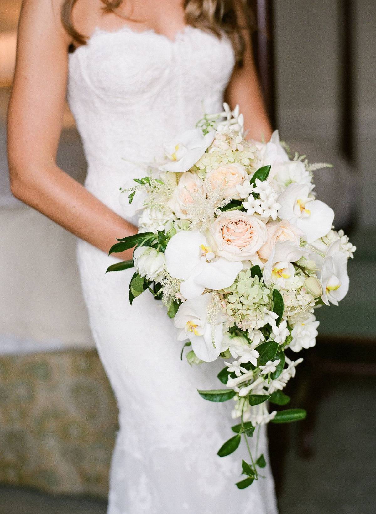 orchids and hydrangeas cascading wedding bouquet