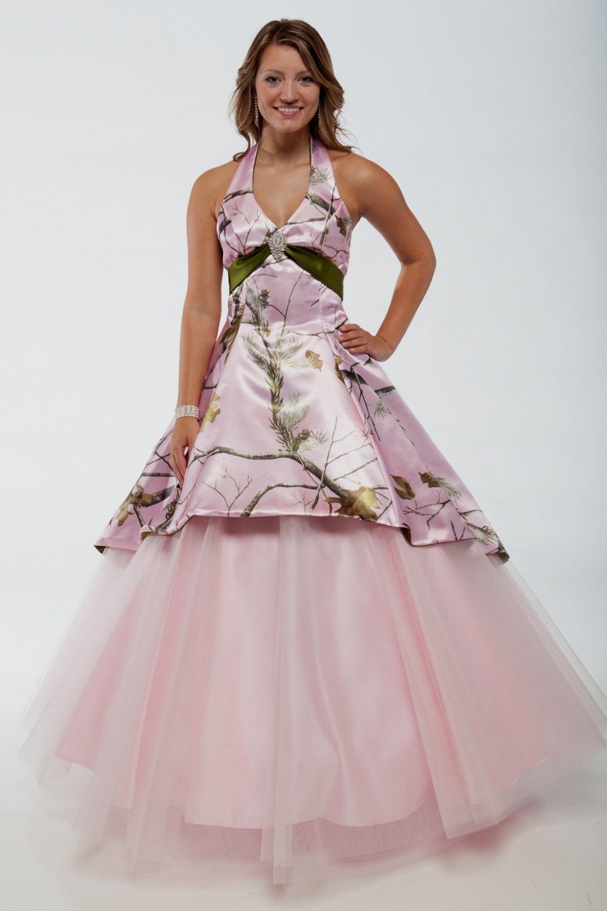 pink camo halter ball gown wedding dress
