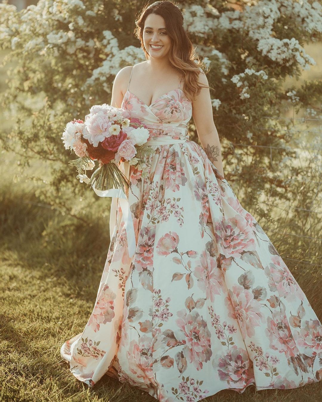plus size blush watercolor peony floral wedding dress