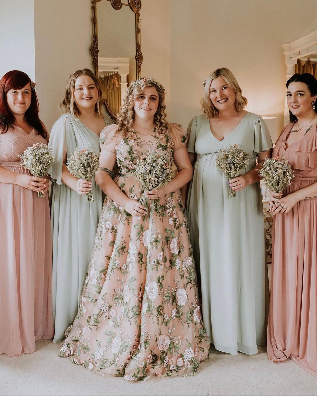 plus size sage green and blush flower wedding gown