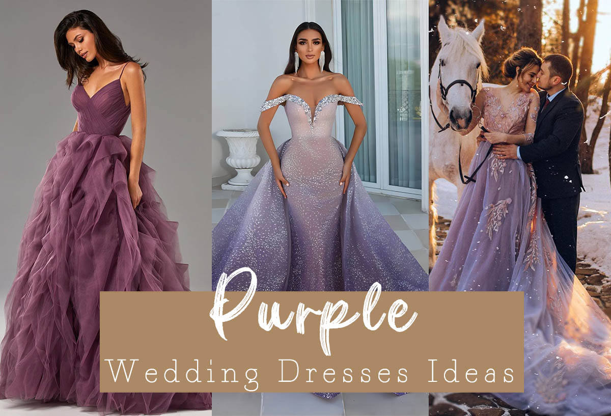 Dramatic purple sparkly ballgown wedding dress with big flower detail and  matching veil