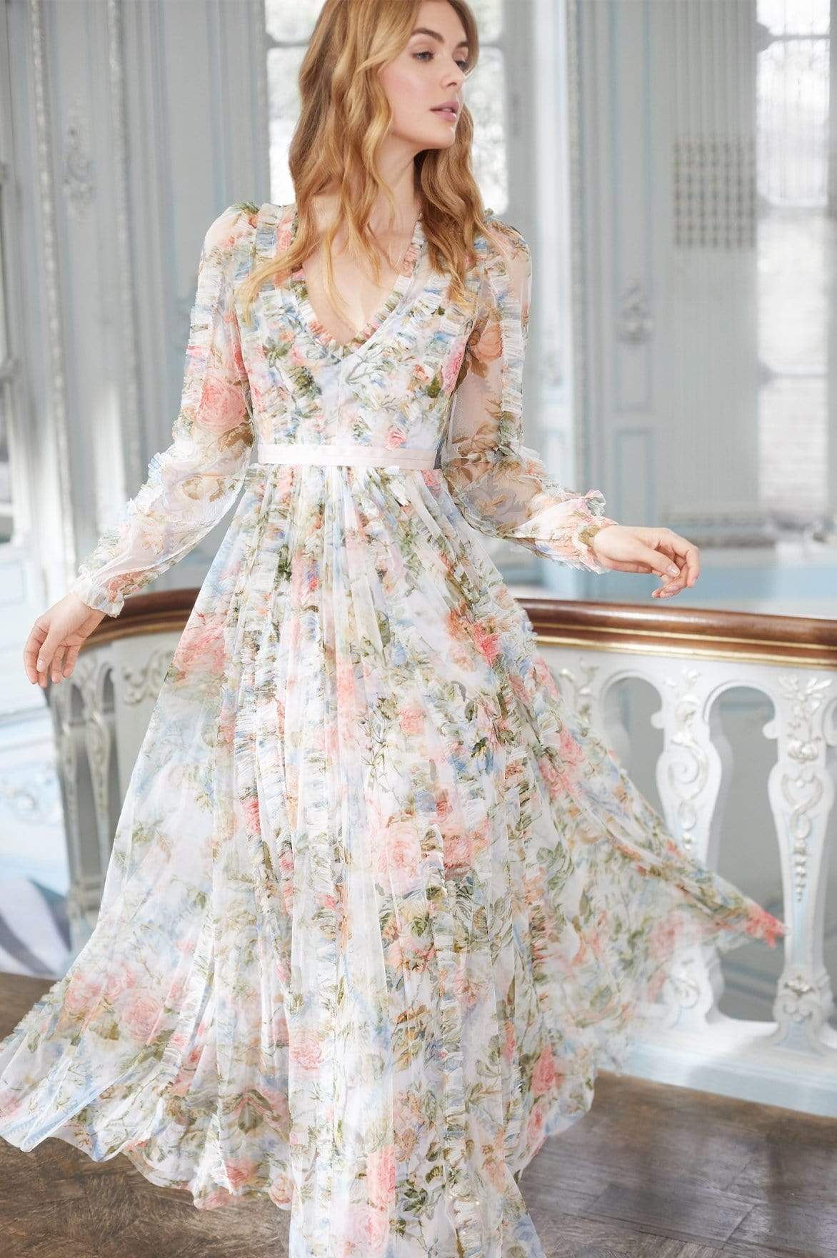 rose garden floral wedding guest dress with long sleeves