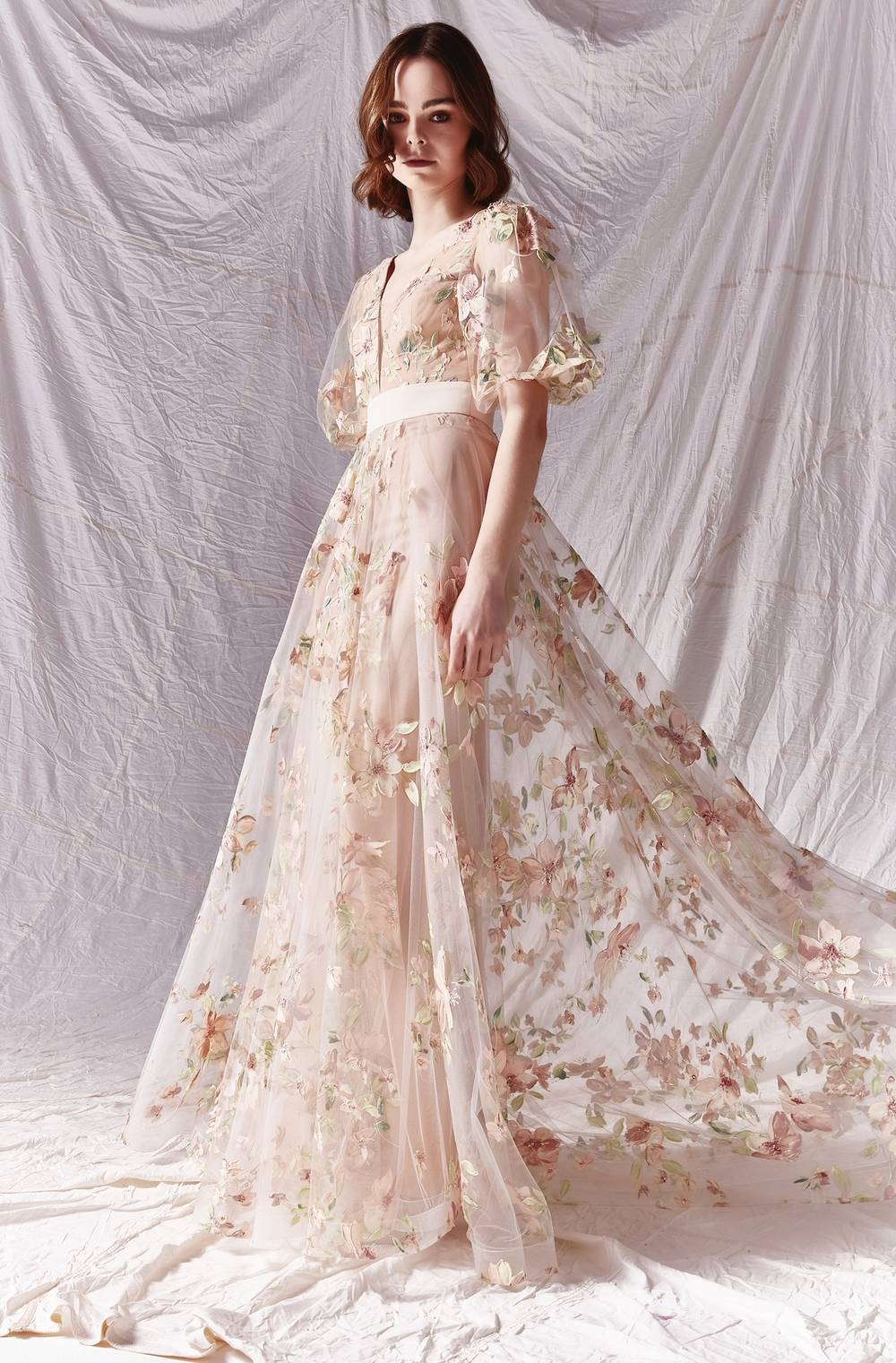 rose gold watercolor flower puff sleeves wedding gown savinlondon