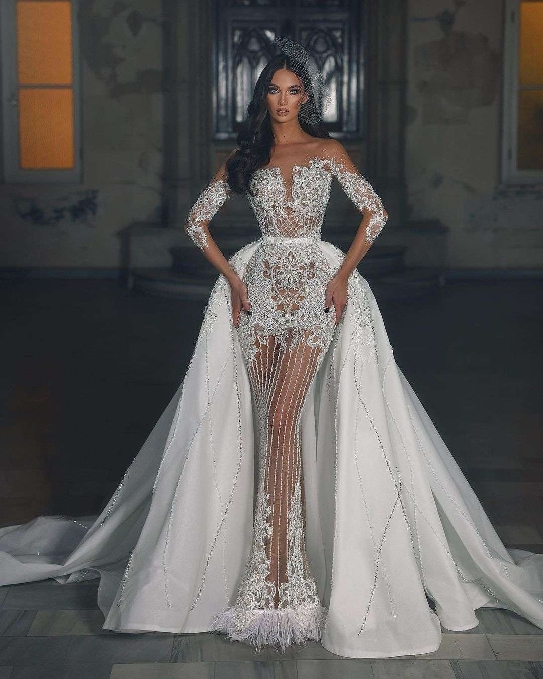 sexy long sleeves lace sheer mermaid wedding dress