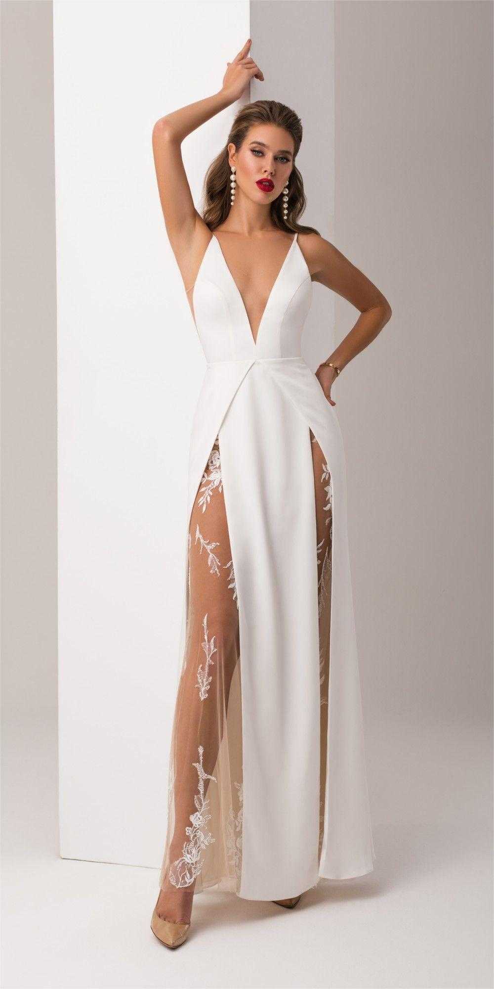 sexy v neck high slits Neri Wedding Dress