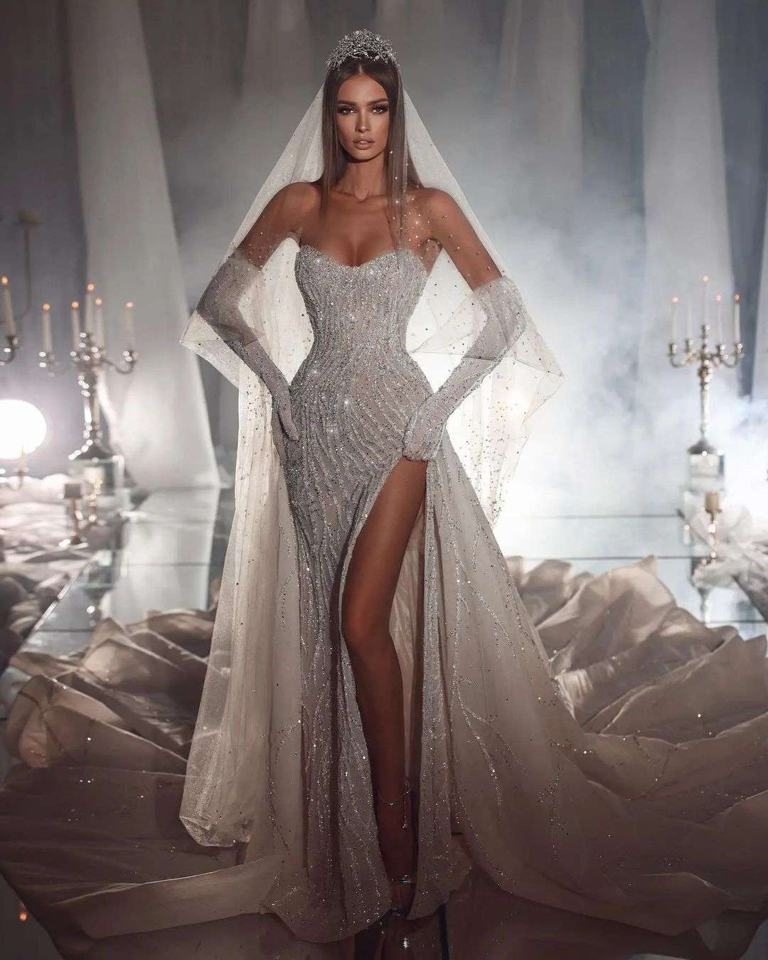 silver glitter mermaid wedding gown with sequin veil sveta.chehabeddine