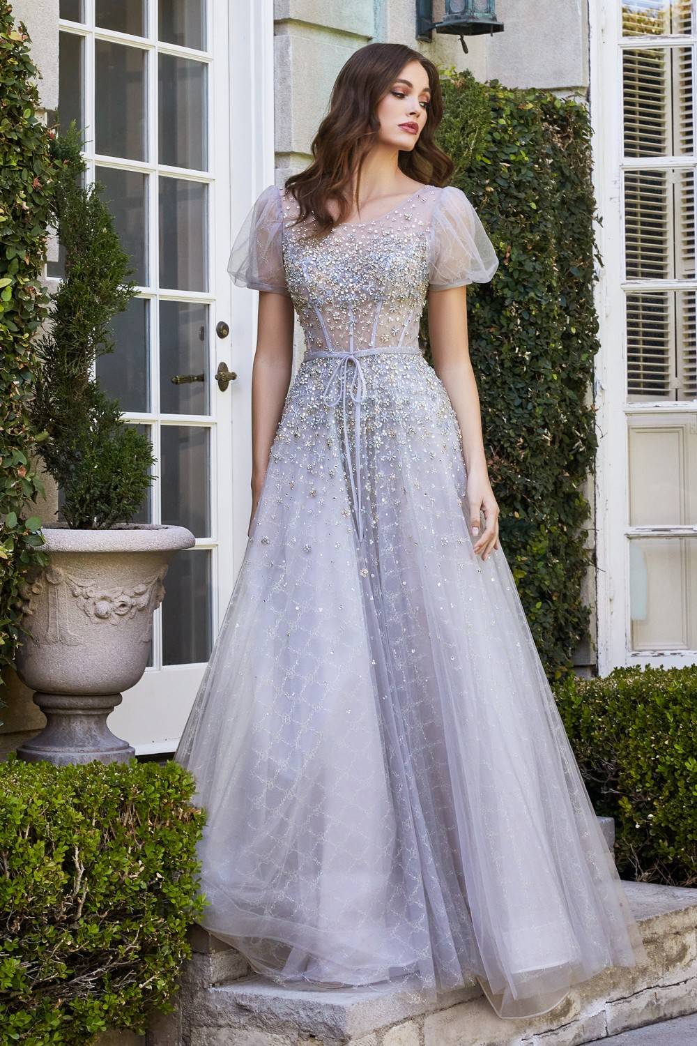 silver puff sleeves ball gown in multi-colored glass beads and sheer layered tulle