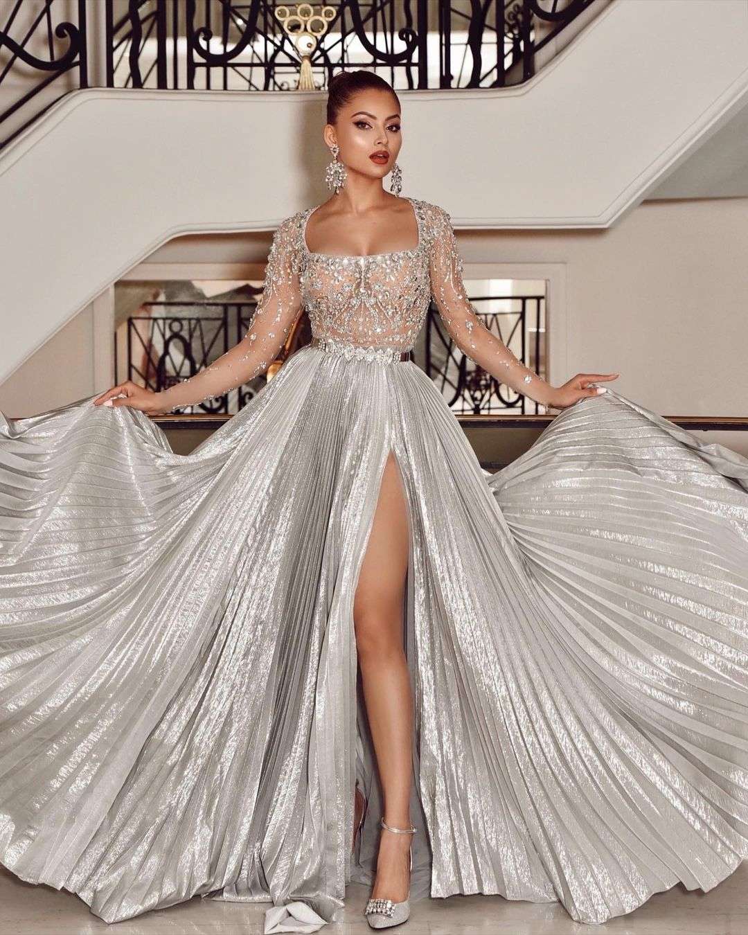 silver sequined bridal dress with high slits and long sleeves geyannayouness