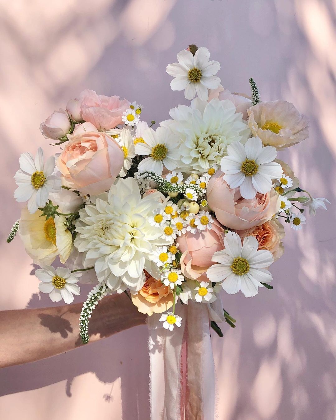 spring summer pink peony and white dahlia wedding bouquet via maddiejaydee