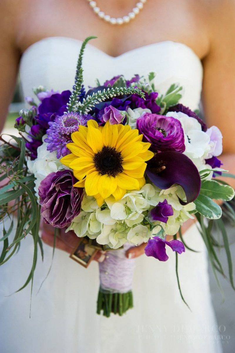 sunflower wedding bouquet and purple flowers