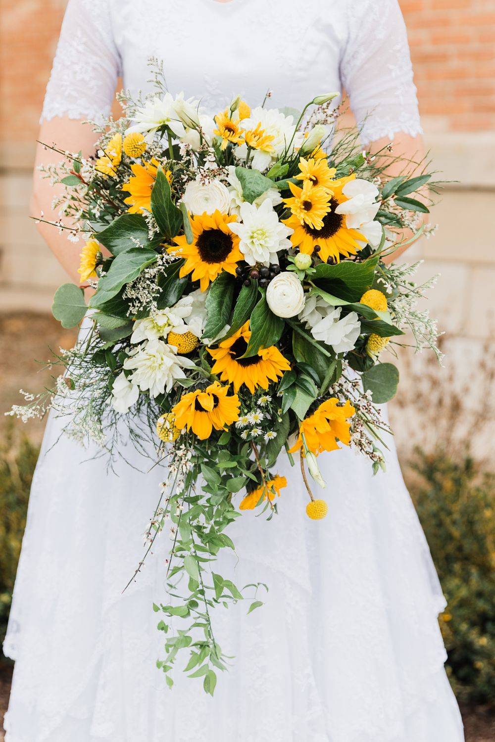 sunflower wedding bouquet greenery