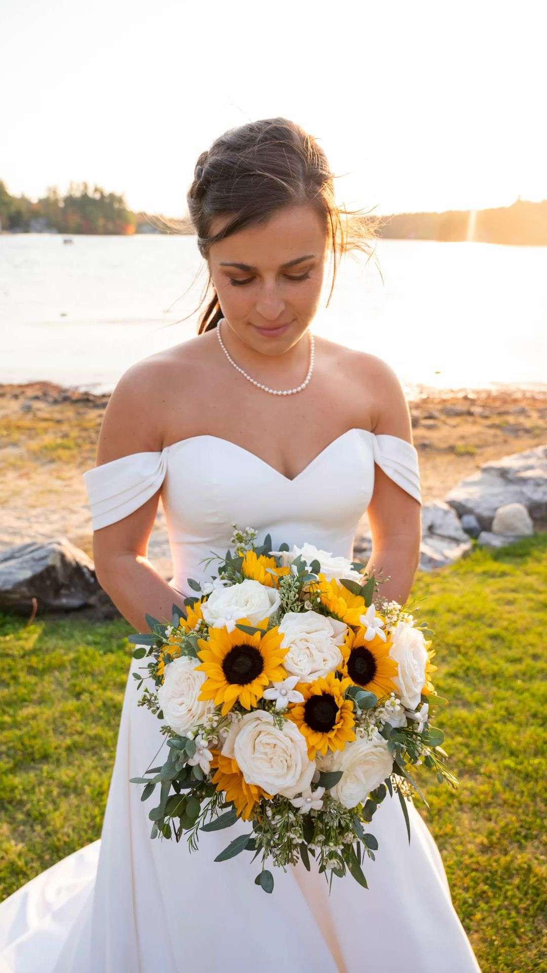 sunflowers white roses wedding bouquet elegant greenery