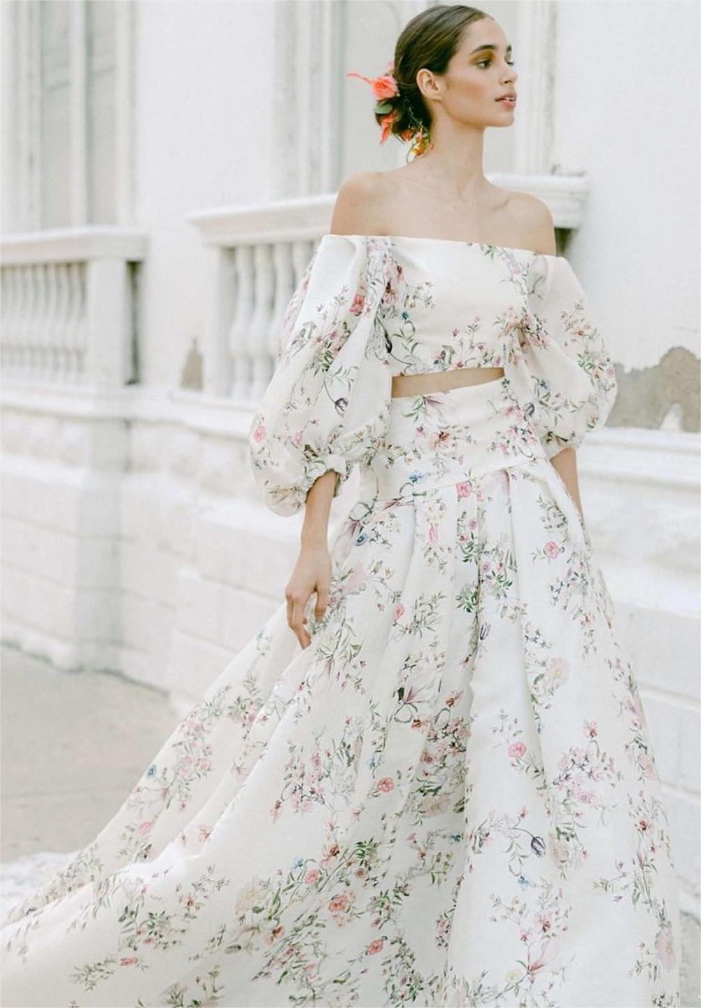 two pieces spring flowers printed puff sleeves wedding gown moniquelhuillierbride