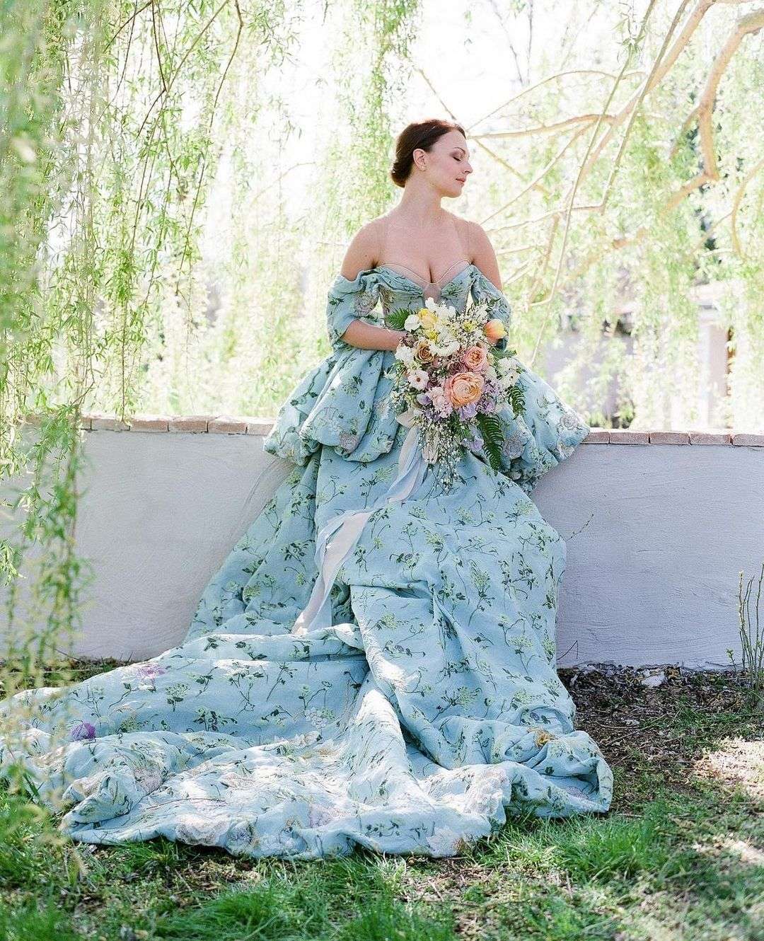 vintage blue flower printed off the shoulder wedding dress