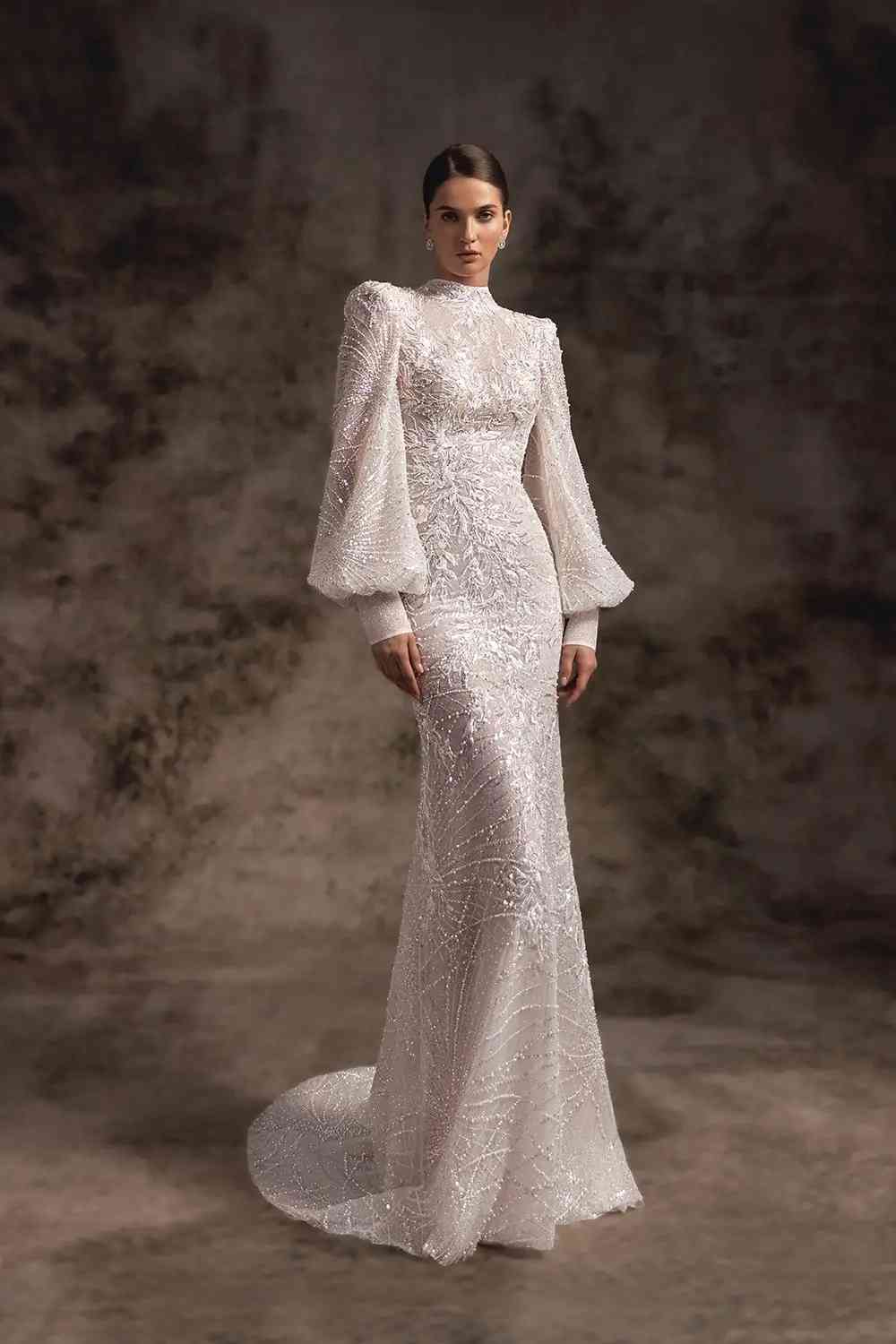 vintage high neckline lace wedding dress with long puff sleeves wonaconcept alana_min