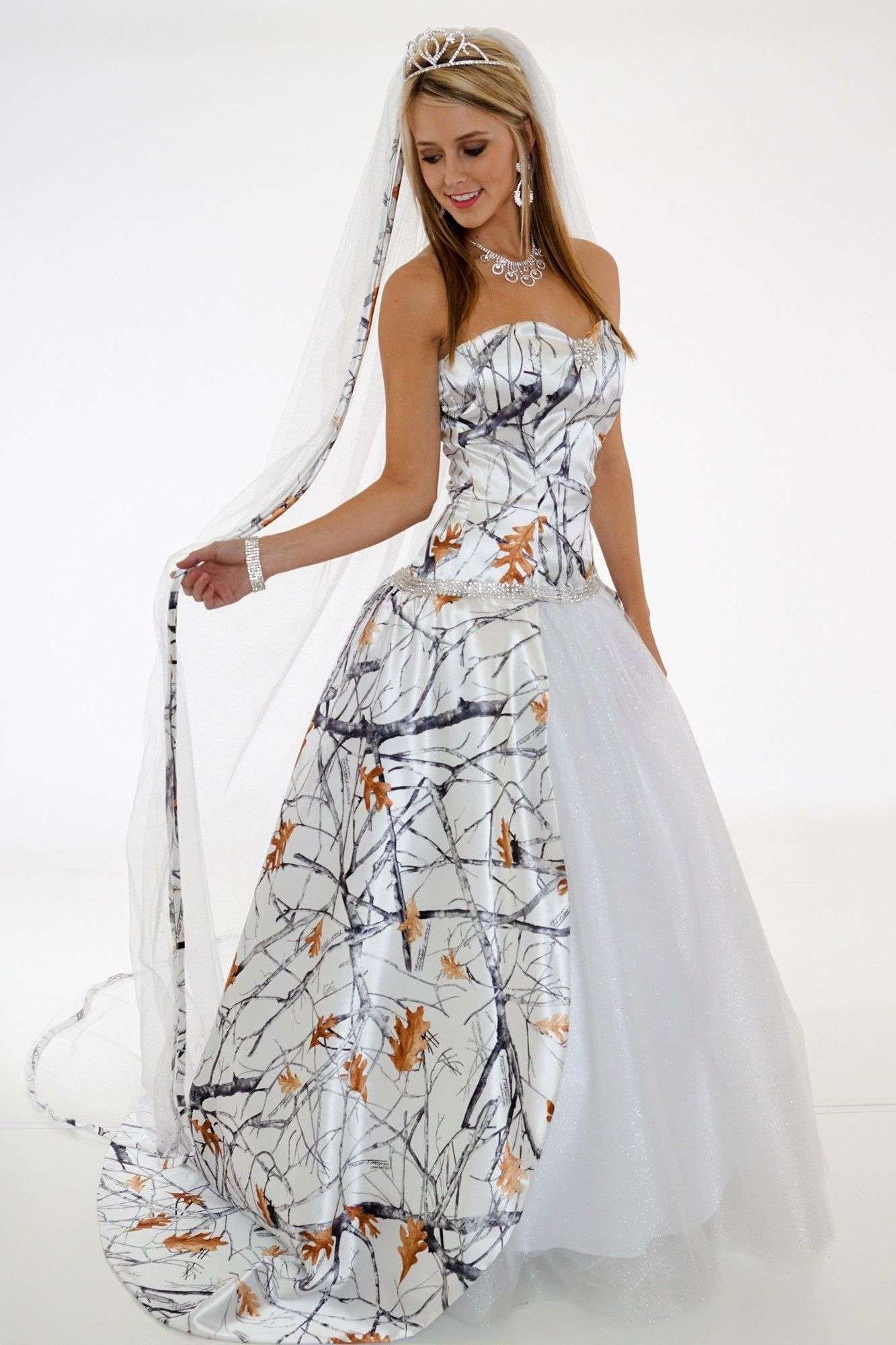 white camo wedding gown a line strapless white with orange camo formal