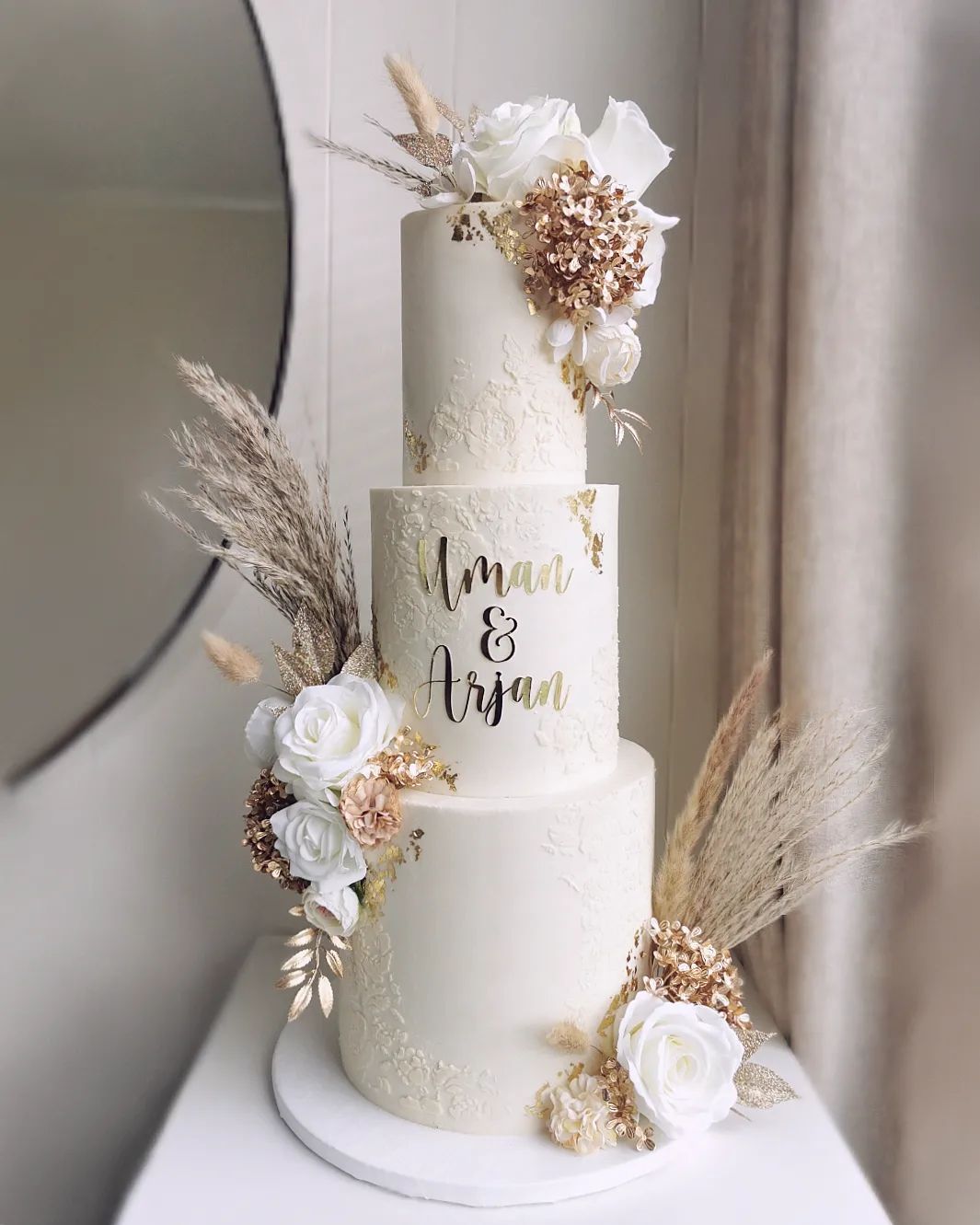 3 tier bohemian white and gold wedding cake via littlemissfattycakes