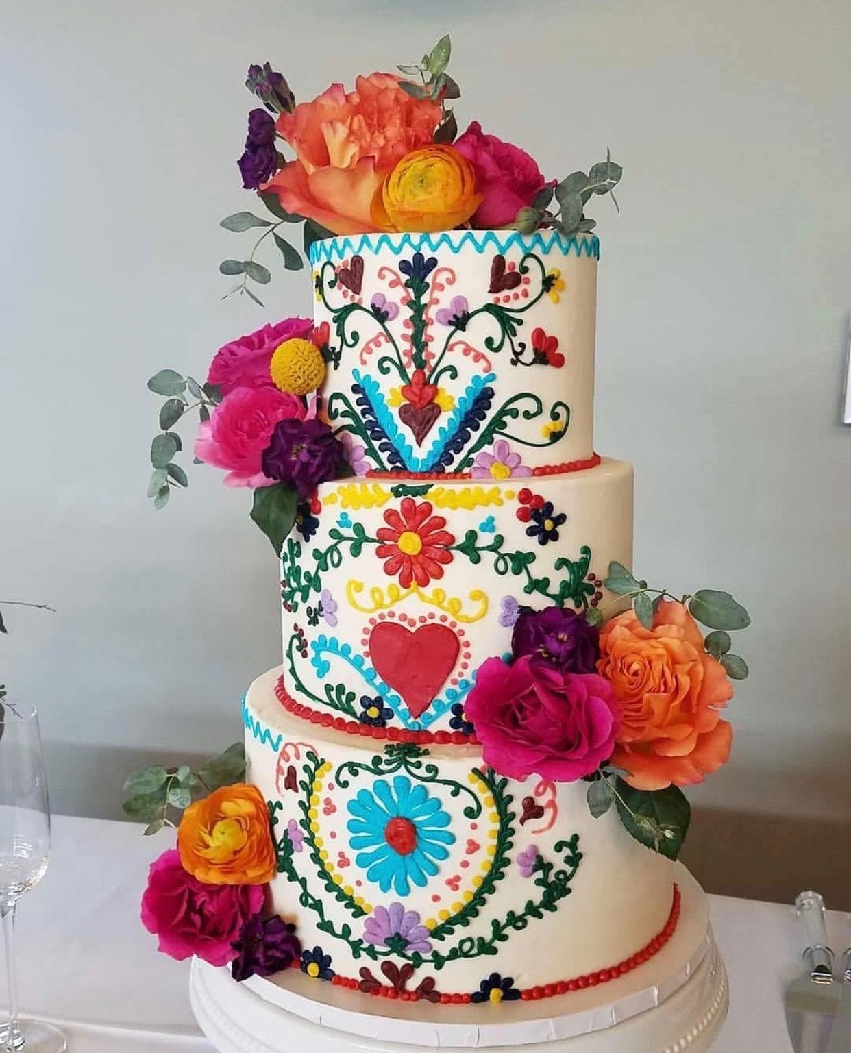 3 tier colorful mexican embroidery wedding cake