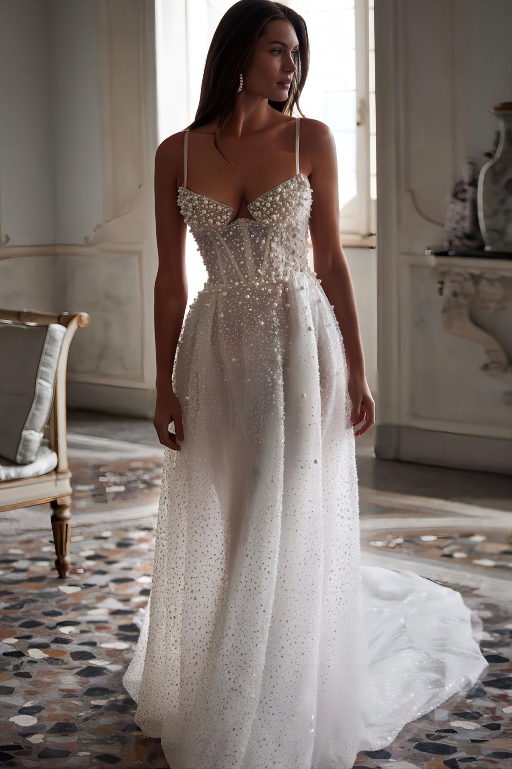 A-line corset wedding gown fully adorned with pearls