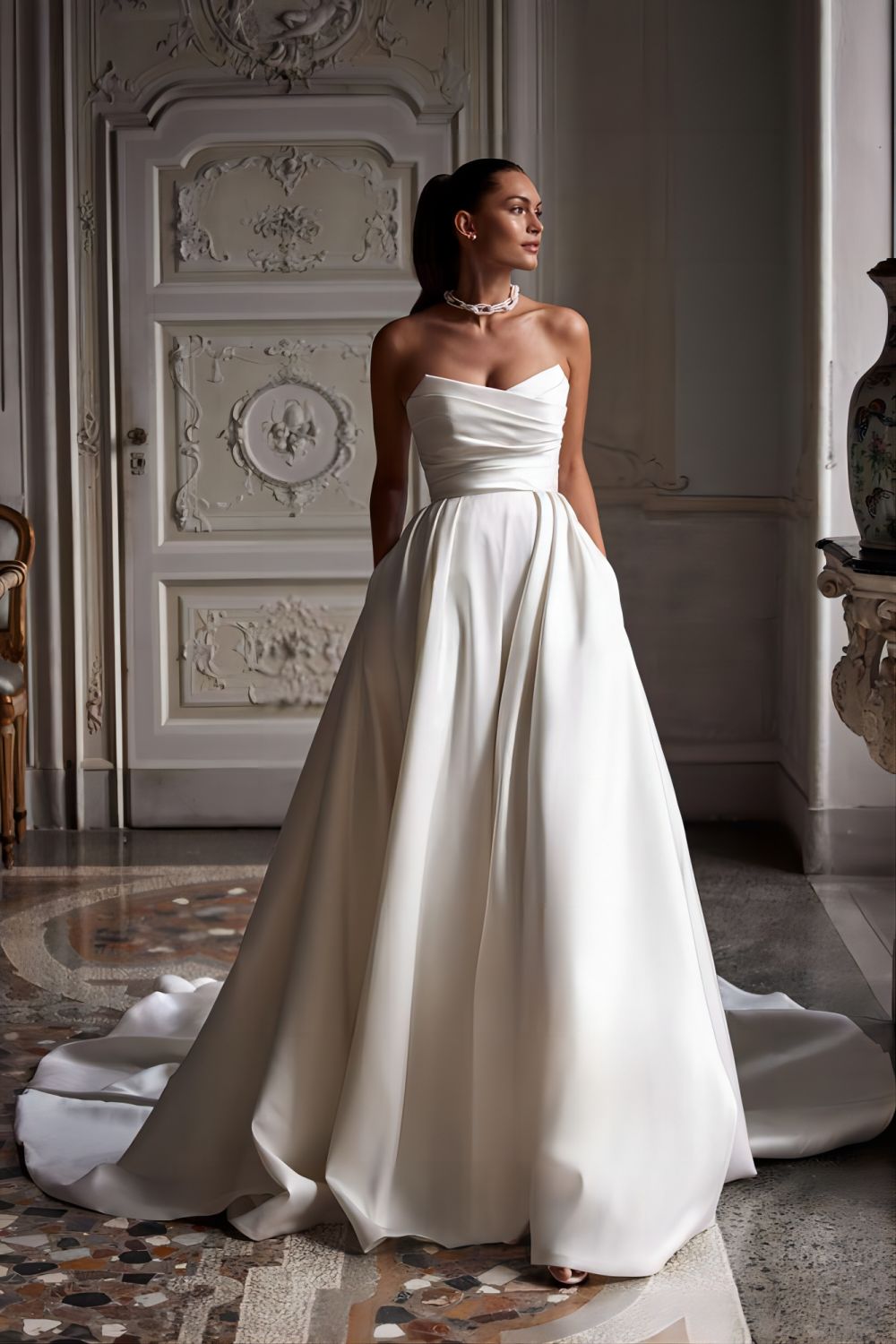 A-Line V-neck Ivory Satin Simple Wedding Dress Backless Bridal Gowns –  Pgmdress