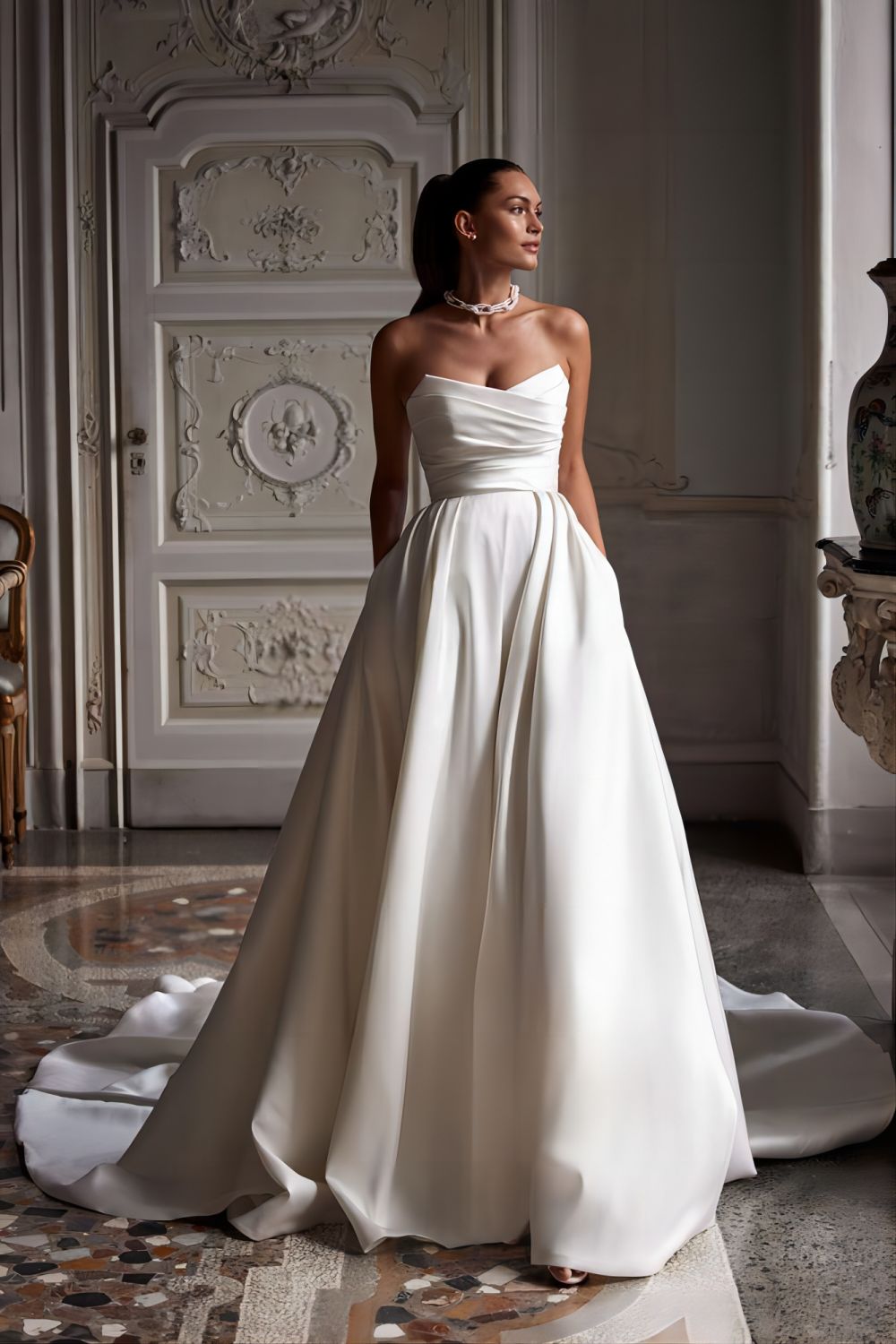 A-line strapless mikado satin wedding gown with pocket