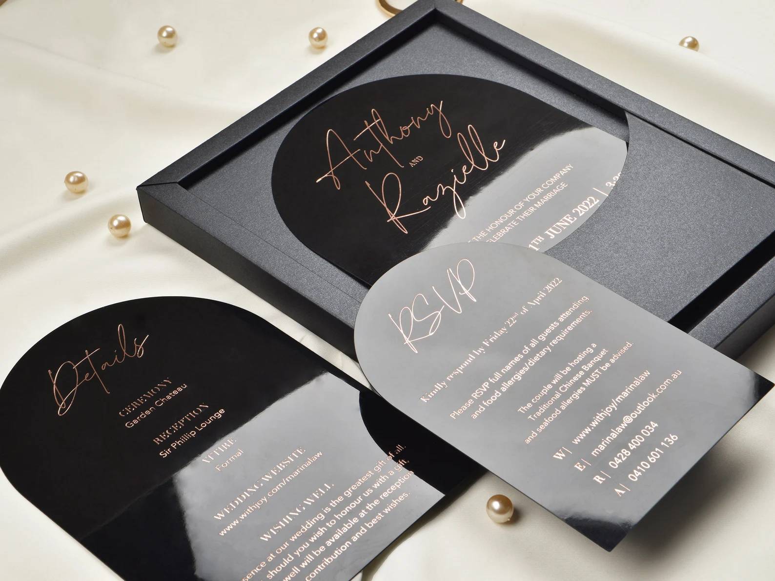 All Black Boxed Acrylic Wedding Invitation with Rose Gold Foil