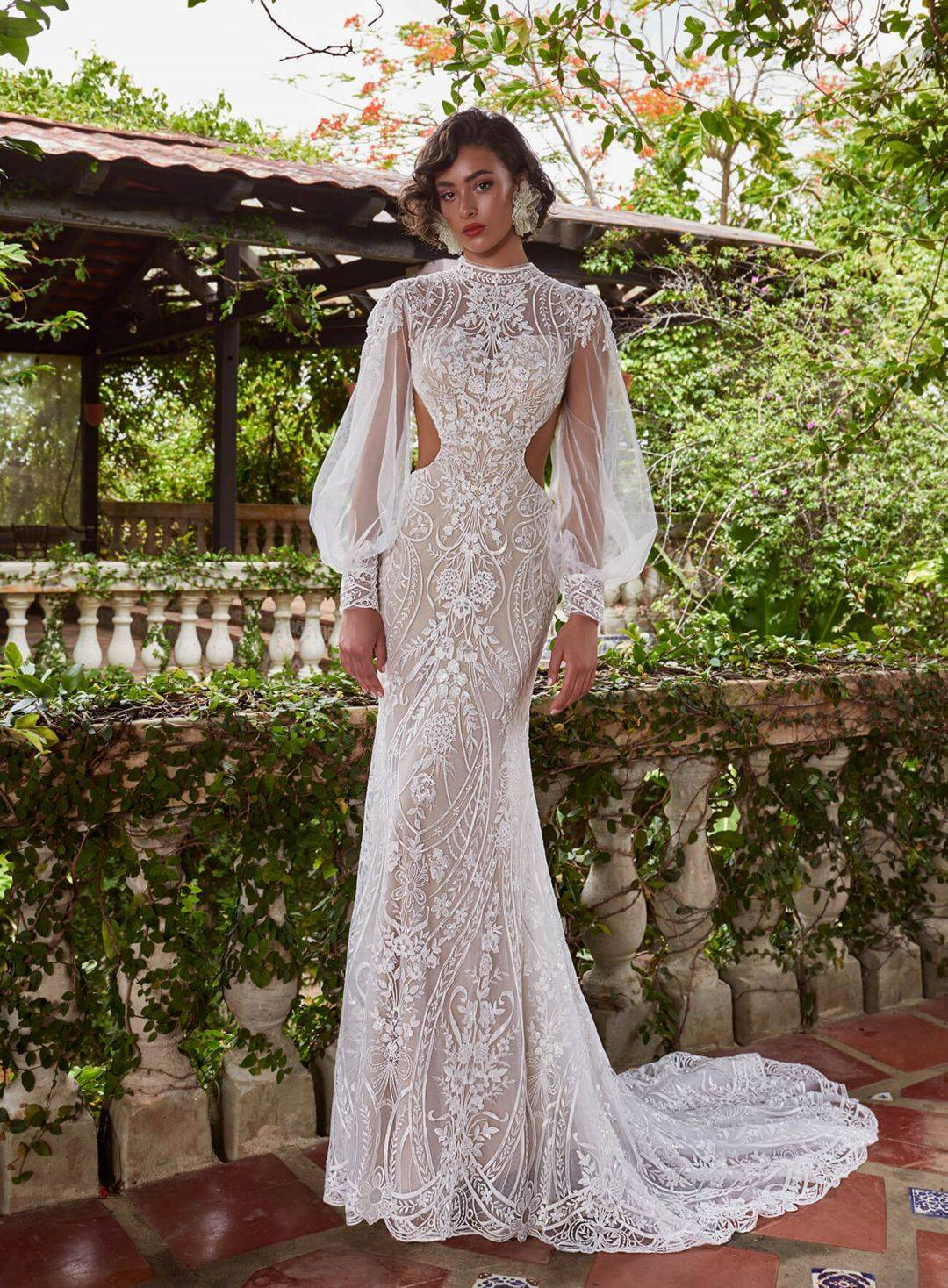 Backless high neckline lace country boho sheath silhouette wedding gown with long sleeves