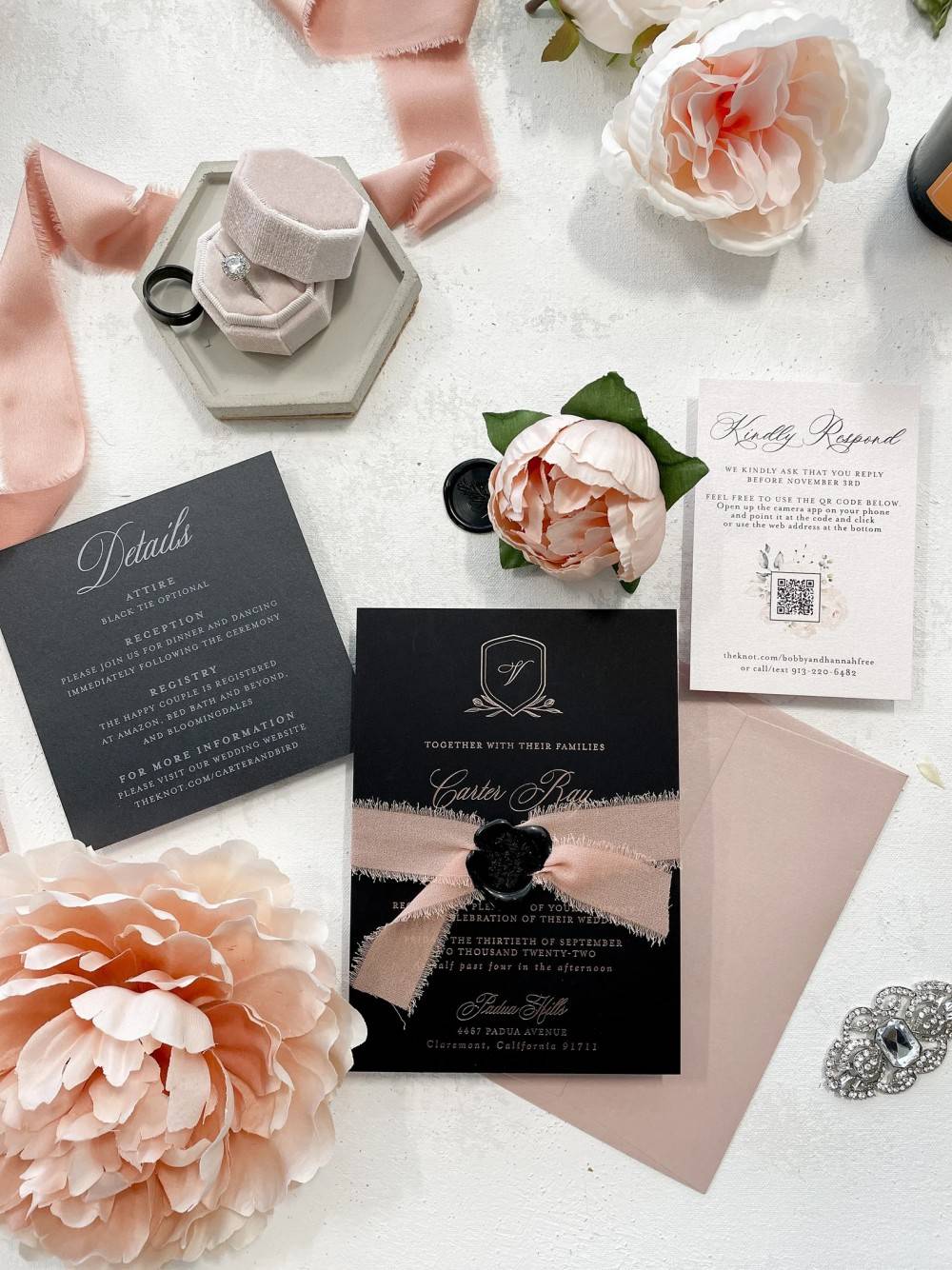 Black and Rose Gold Wedding Foil Invitations