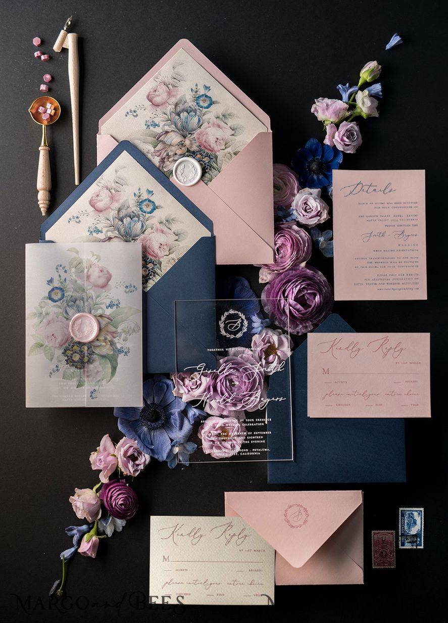 Blush Pink and Navy Arcylic Wedding Invites With Vellum Cover