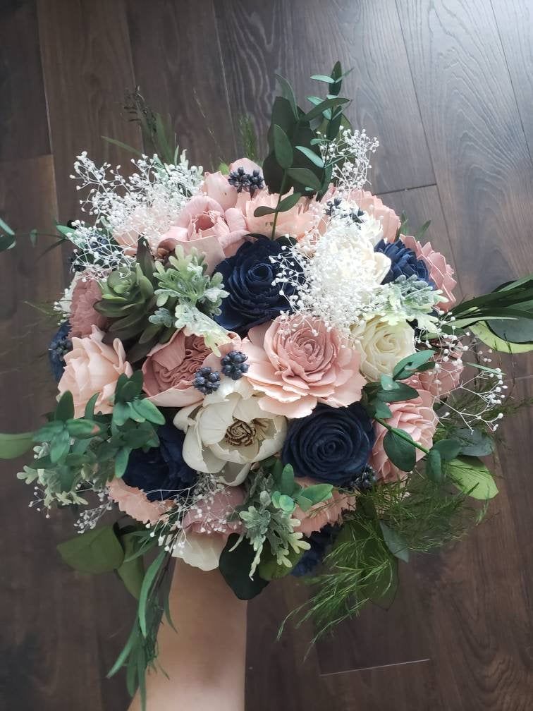 Blush navy and succulents bouquet, sola wood flowers