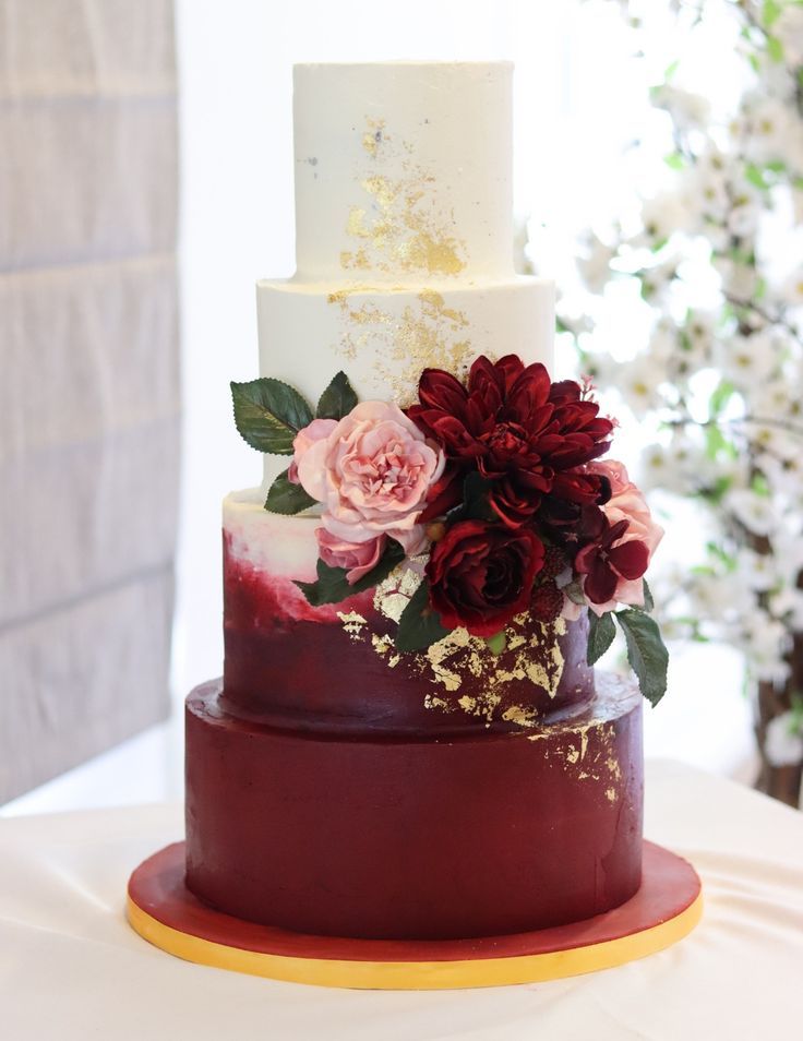 Burgundy And Ivory 4 tiered Wedding Cake