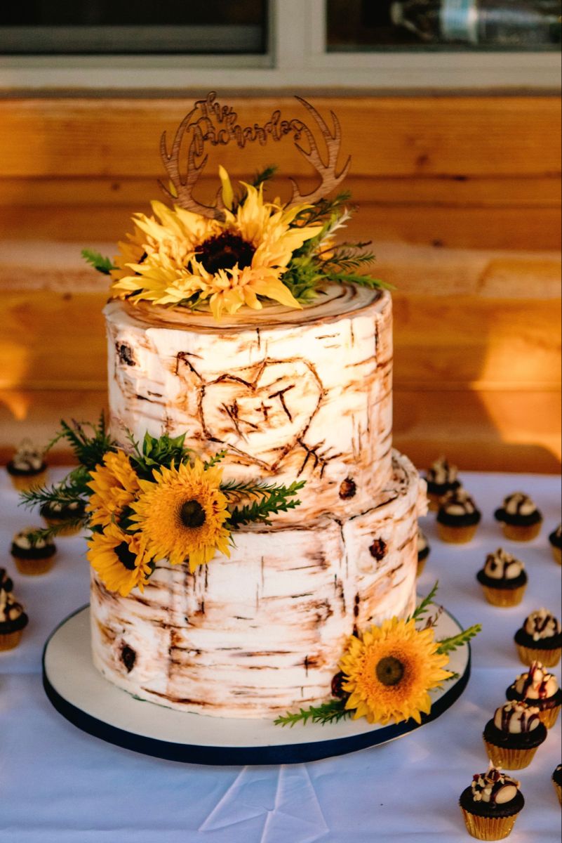Country Sunflower Birch Wedding Cake