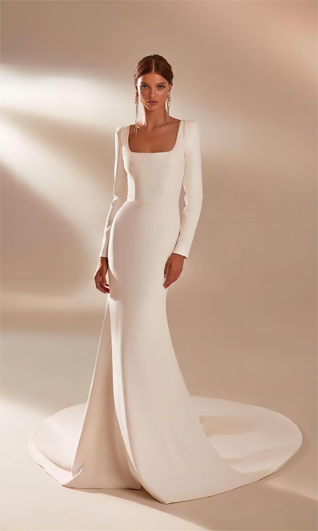 Elegant long-sleeve sheath gabardine wedding gown with square neckline open back andlong train