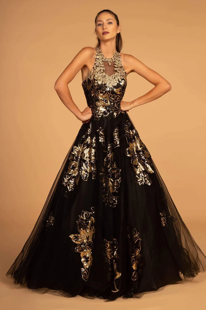 Gold Embellished Halter Black Wedding Dress