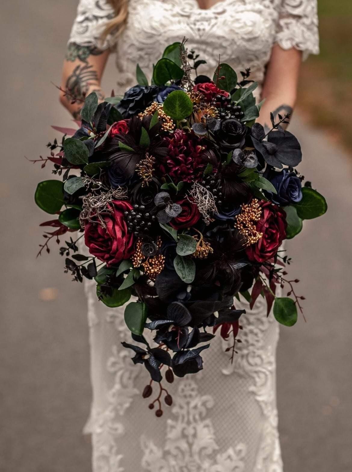 Gothic burgundy navy black gold wedding bouquet