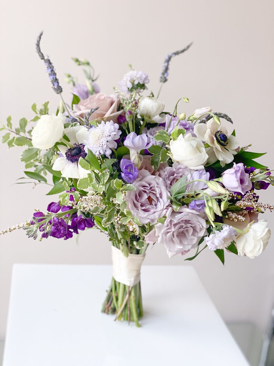 Purple Lavender White and Mixed Greenery Bridal Bouquet