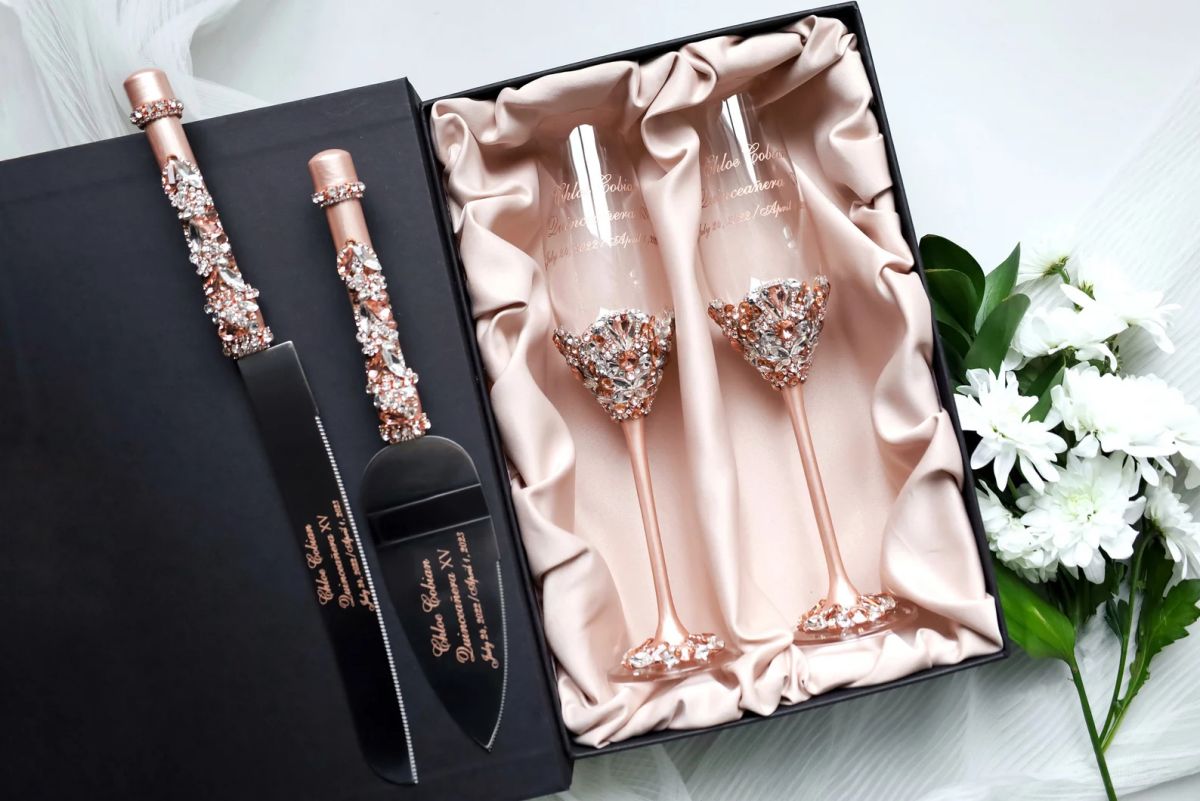 Rose gold wedding glasses Cake server set Plate and forks