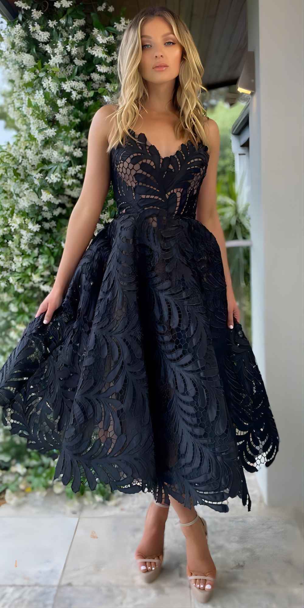 Simple Black Lace Tea-Length Wedding Guest Dress