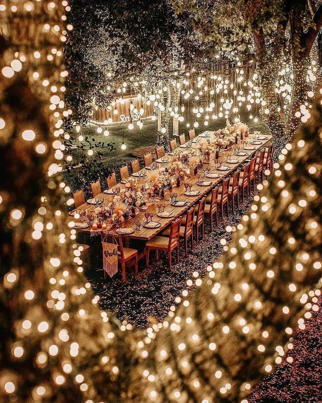 backyard small wedding table setting with light