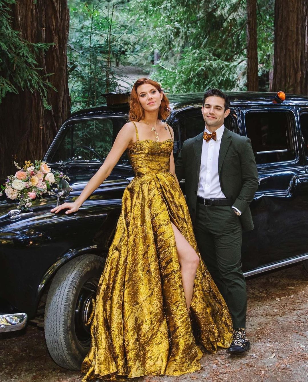 black and gold straight aline wedding dress with high slit