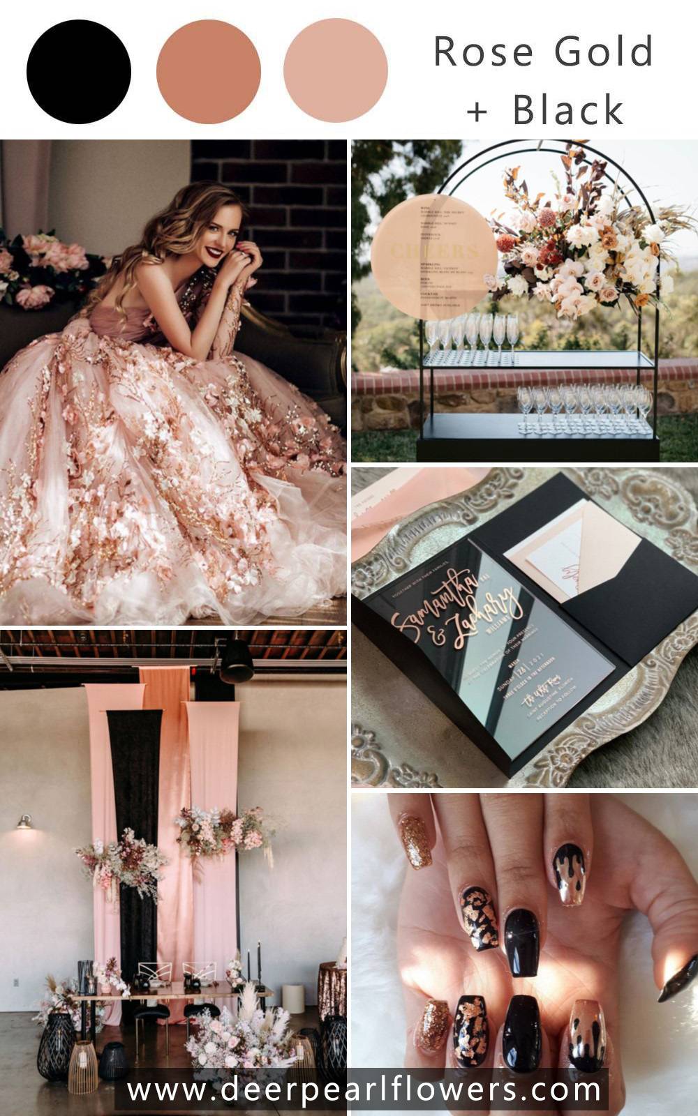 black and rose gold wedding color palette