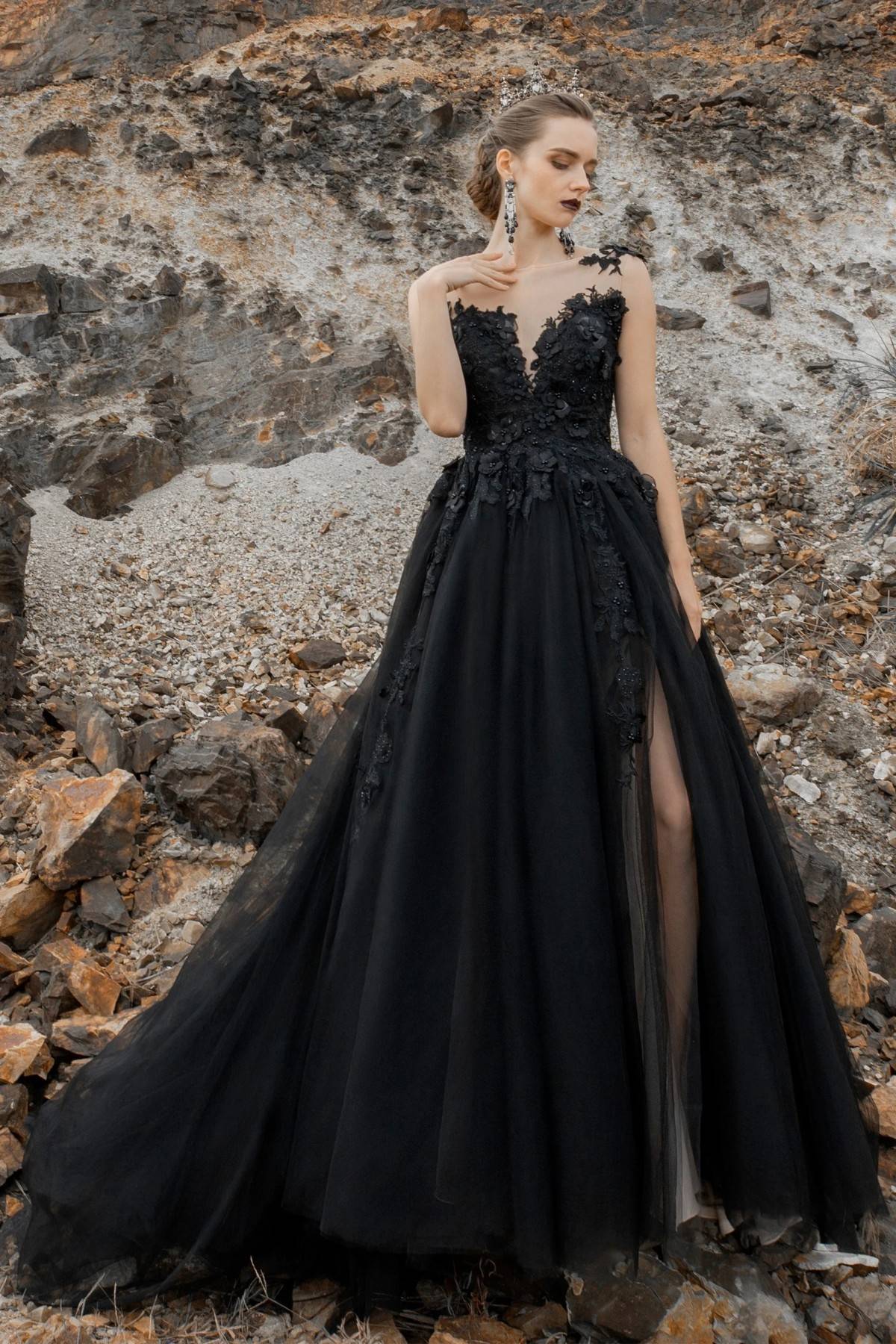 black gothic lace wedding dress with high slit