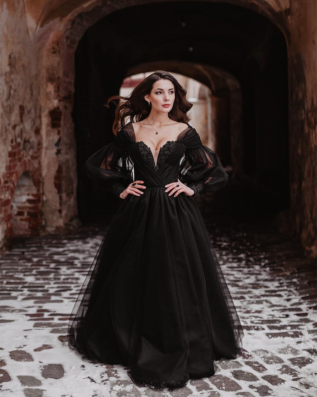 black gothic wedding dress with long tulle puff sleeves sherbonclothing