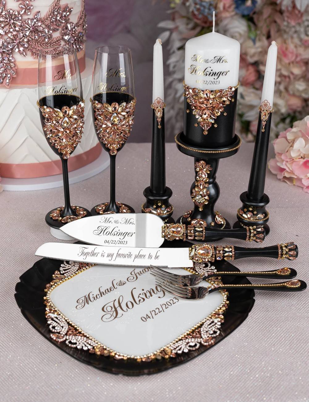 black rose gold wedding cake serving set glass