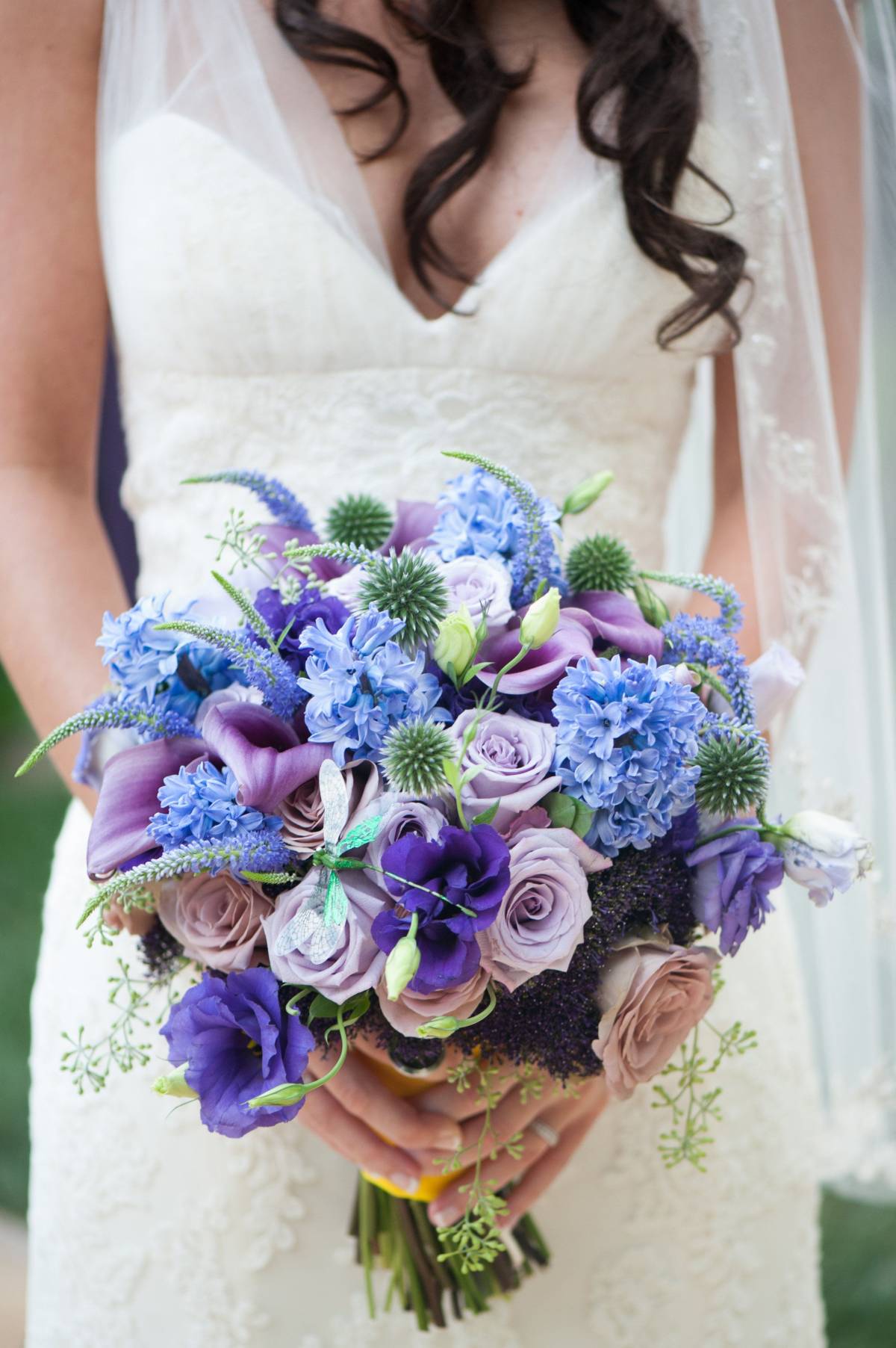 blue and purple cally lily hyacinth wedding bouquet