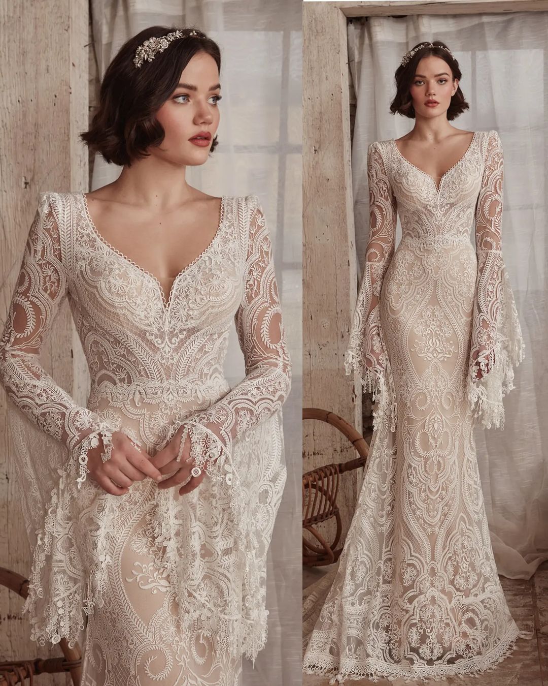 bohemian long bell sleeves mermaid lace wedding gown