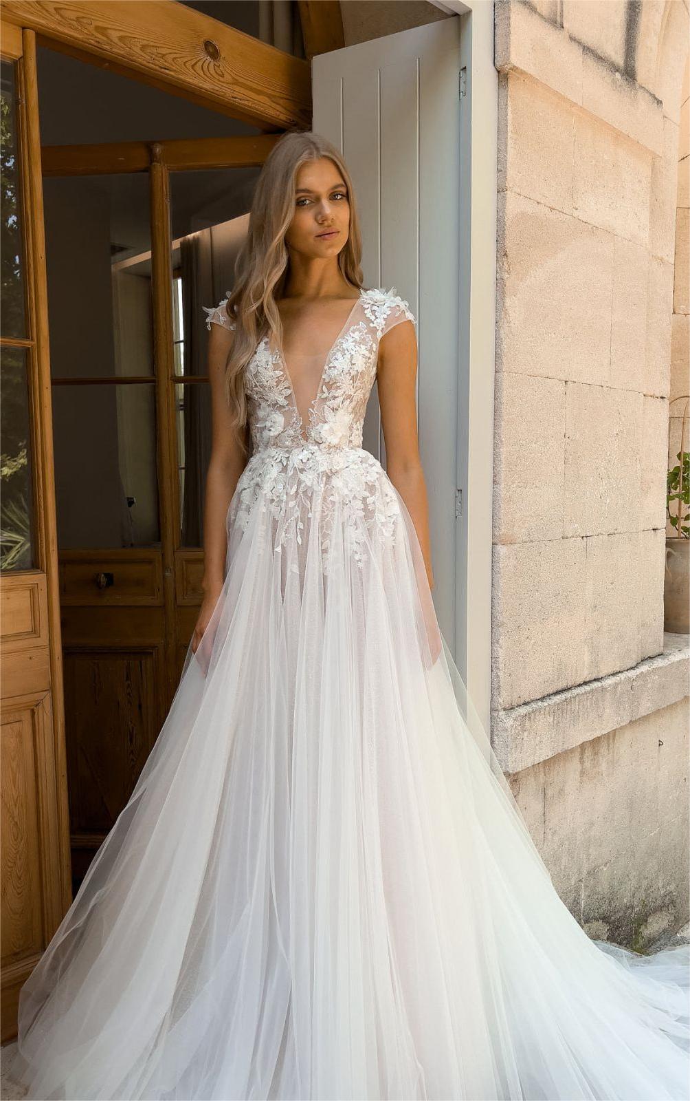 cap sleeves and tulle summer beach wedding gown