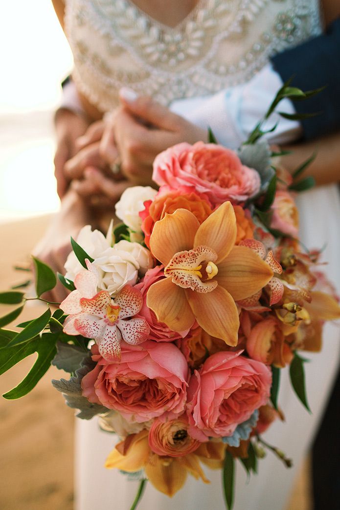 coral and pink pink tropical beach wedding bouquet